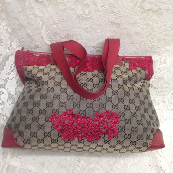 Vintage Gucci Black Mono Red Floral Tote Handbag - Picture 8 of 15